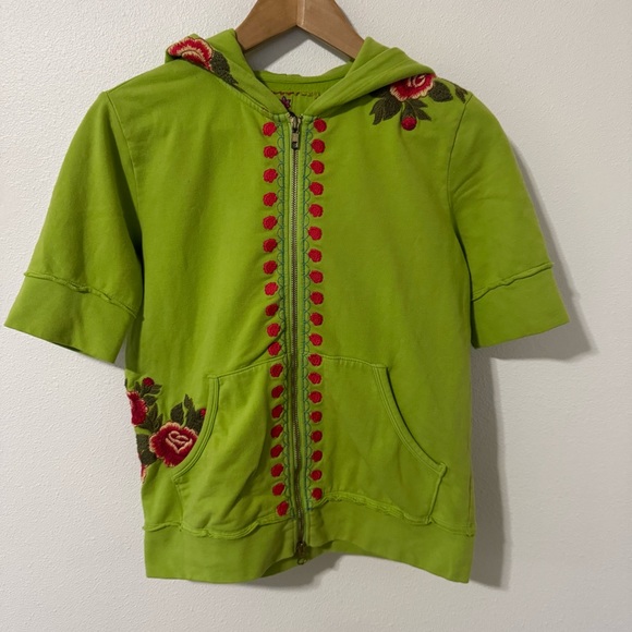 Johnny Was Tops - Johnny Was Embroidered Floral Half Sleeve Zipper Hoodie Lime Green Bohemian-S
